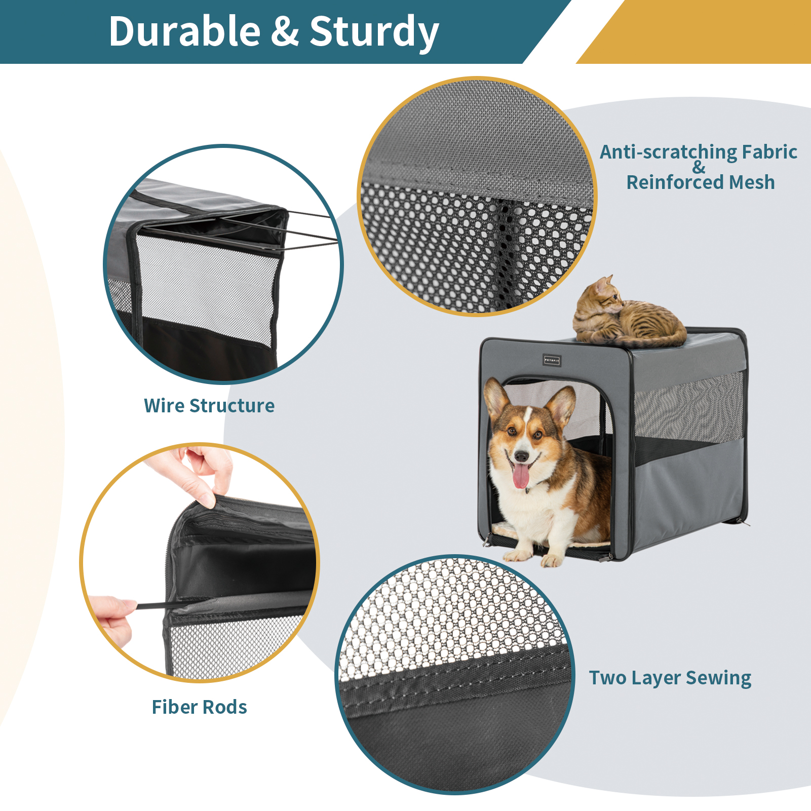 PETSFIT Soft Sided Dog Crate, Chewproof Design Breathable & Collapsible Dog Kennel, Indoor and Outdoor Use with Thicken Mat Grey