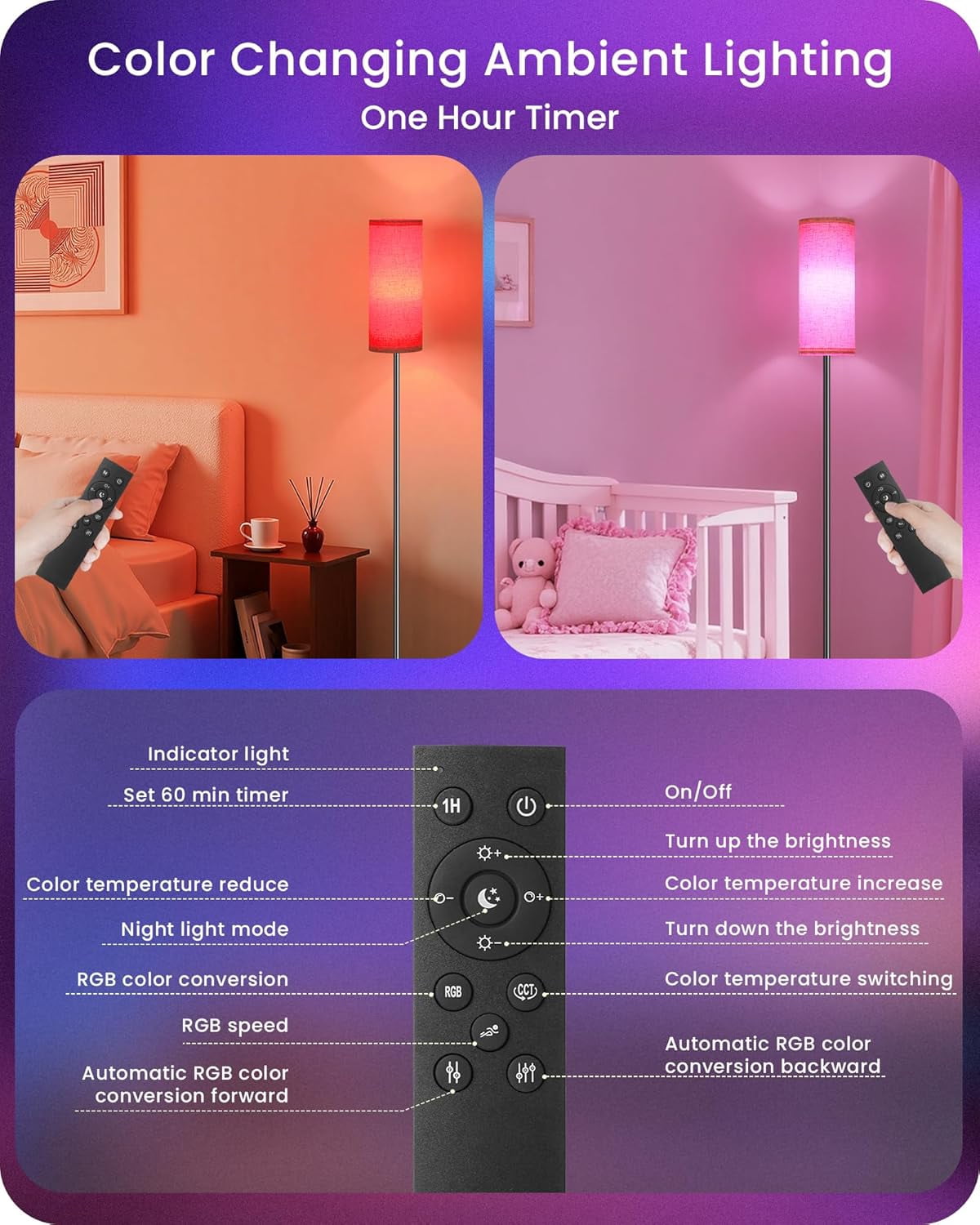 Dimmable RGB Floor Lamp with Color Changing Light, Remote & Foot Switch, Timer, 10W Smart Bulb Included for Bedroom & Living Room