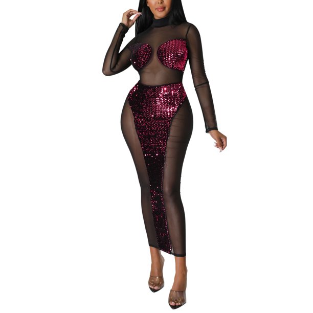 Gibobby Vestidos largos para mujer Vestido de moda para mujer Discoteca Lentejuelas Sexy Ver a través de Fiesta de moda Vestido de noche(Rojo,XL)