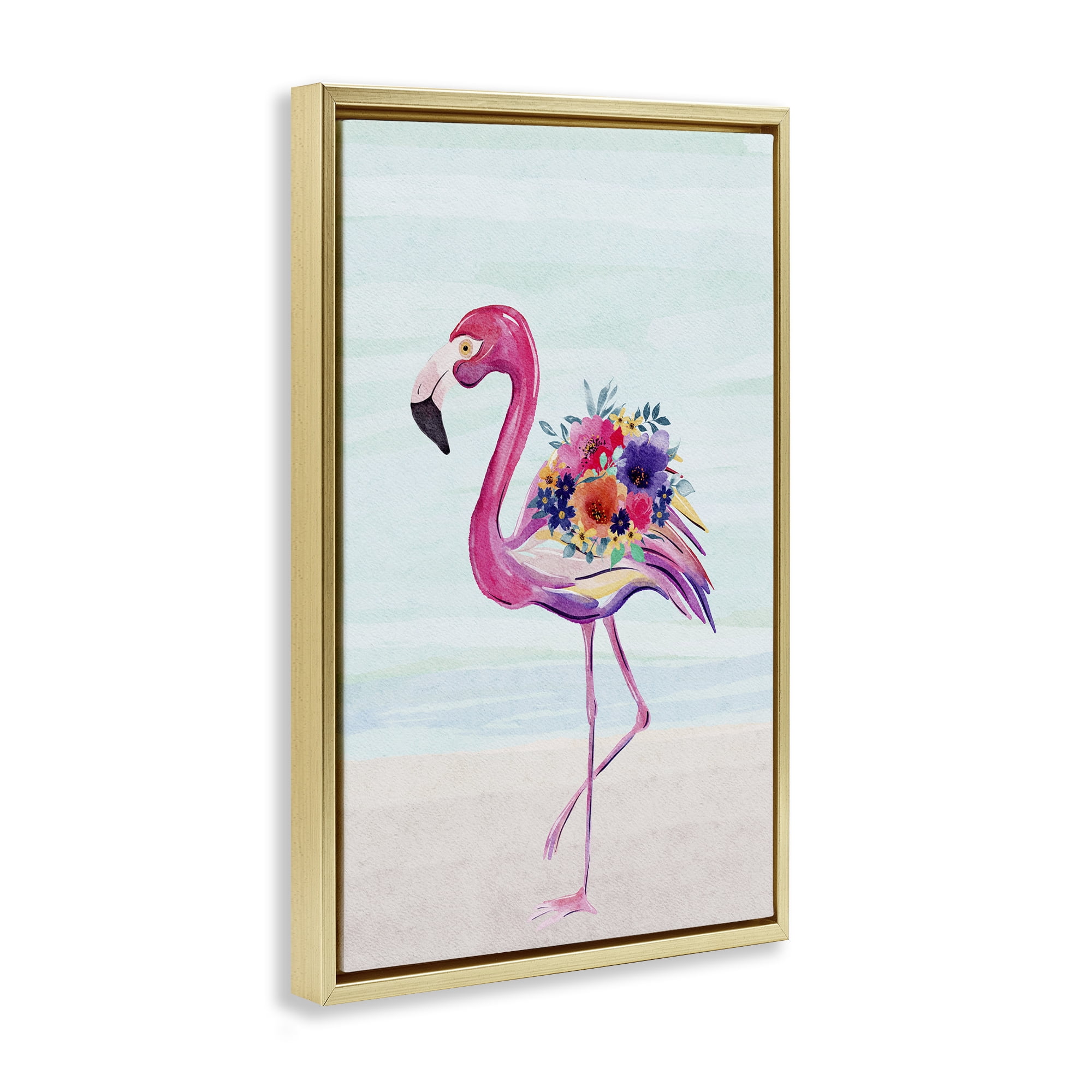 Stupell Industries Floral Flamingo Beach Plants & Flowers Painting Gold Floater Framed Canvas Art Print Wall Art, 17 x 25