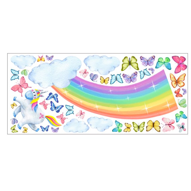 40*90 cm unicornio pegatinas de arco iris habitación de los niños dormitorio coloridas mariposas nubes pegatinas de pared pegatinas decorativas de PVC Rojo Verde