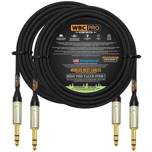 Cable de Audio WBC-PRO Negro Ultra Silencioso 6,35 mm con Conectores de Oro y Chaqueta Tweed, 20 Pie