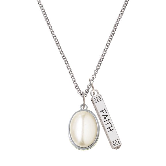 Delight Jewelry Silvertone Small Cream Imitation Pearl Silvertone Believe Faith Prayer Hope Bar Charm Necklace, 23"