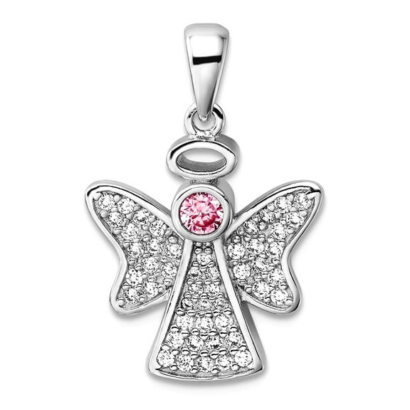925 Sterling Silver Rhodium Plated Pink and Clear Cubic Zirconia Religious Guardian Angel Pendant Necklace 19.86x16.16mm