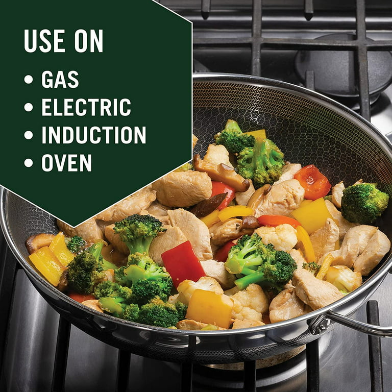 HexClad Hybrid Nonstick 14-Inch Frying Pan with Steel Lid, Dishwasher and  Oven Safe, Induction Ready, Compatible with All Cooktops