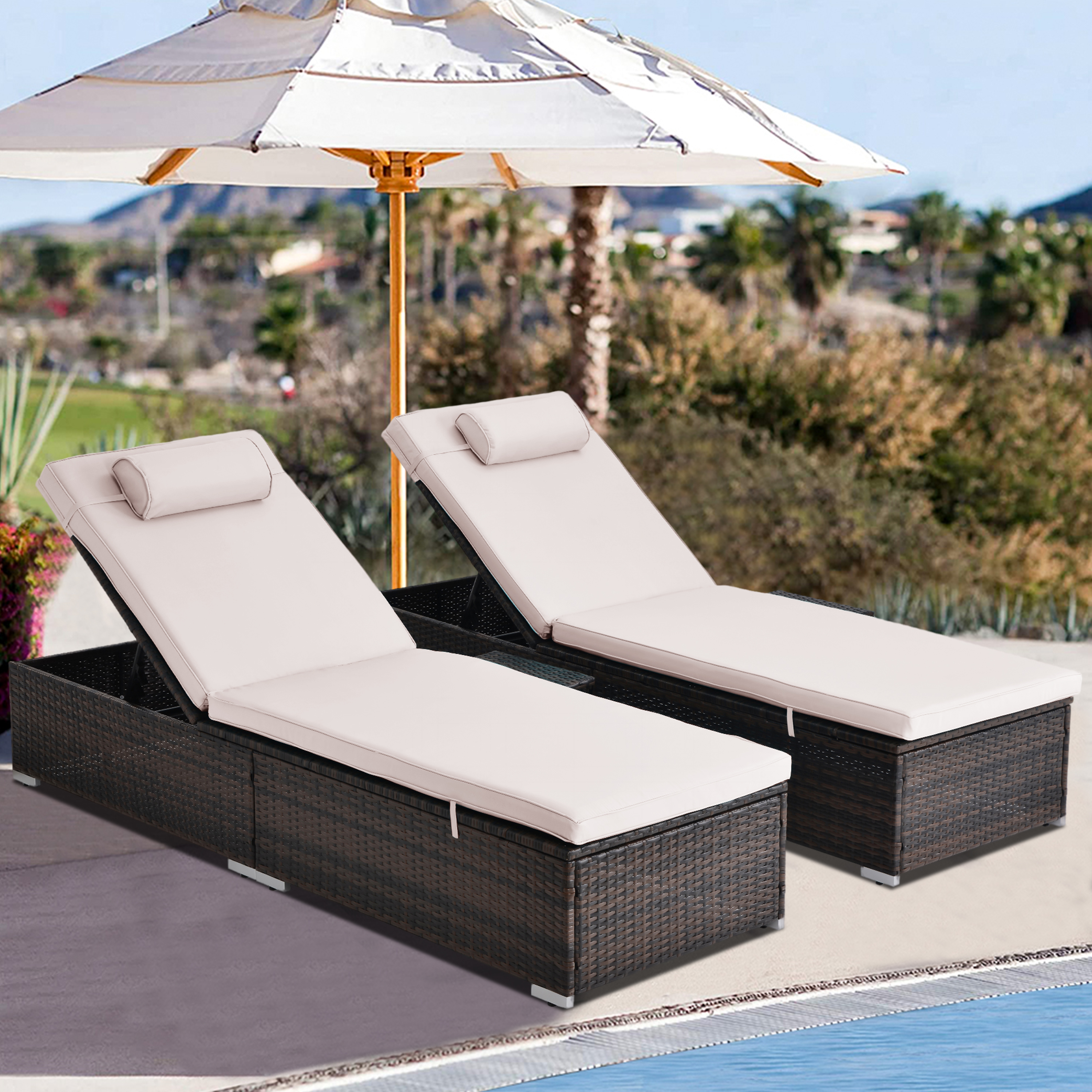 Segmart Outdoor Patio Chaise Lounge Chairs Furniture Set, PE Rattan Wicker Beach Pool Lounge Chair with Side Table, Adjustable 5 Position, Reclining Chaise Chairs, Beige, SS2350 - image 2 of 8