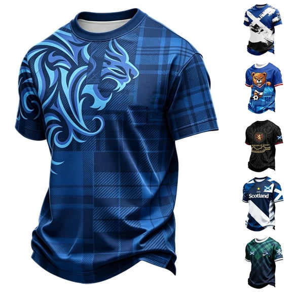 2026 Soccer Cup Raglan Short Sleeve T-Shirt for Men, Crew Neck Jersey - Scottish Blue Lion & Tartan Graphic Print Athletic Top for Daily Wear & Party Army Green L