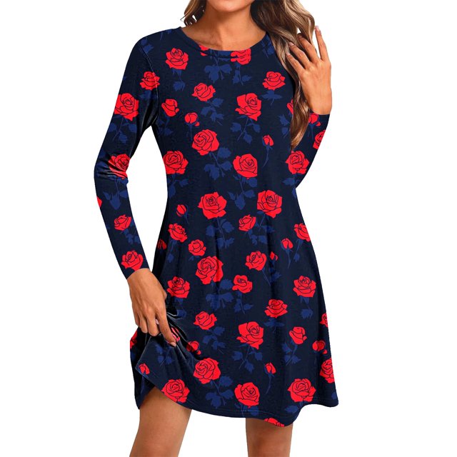 RKSTN Dresses for Women Mode Robe Pull à Col Rond Manches Courtes Imprimée Tempérament Robe Évasée pour Femmes