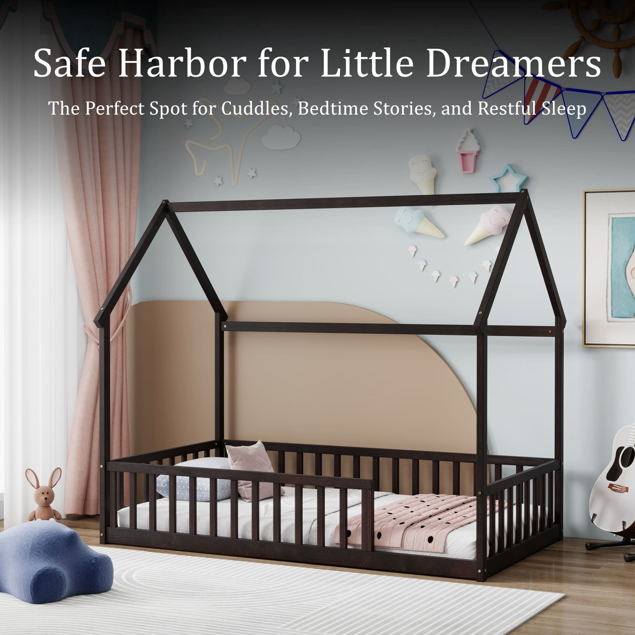 Noble House Morde Twin Size House Floor Bed with Gable Roof Frame & Safety Guardrails, Pine Wooden Bed Frame, Espresso