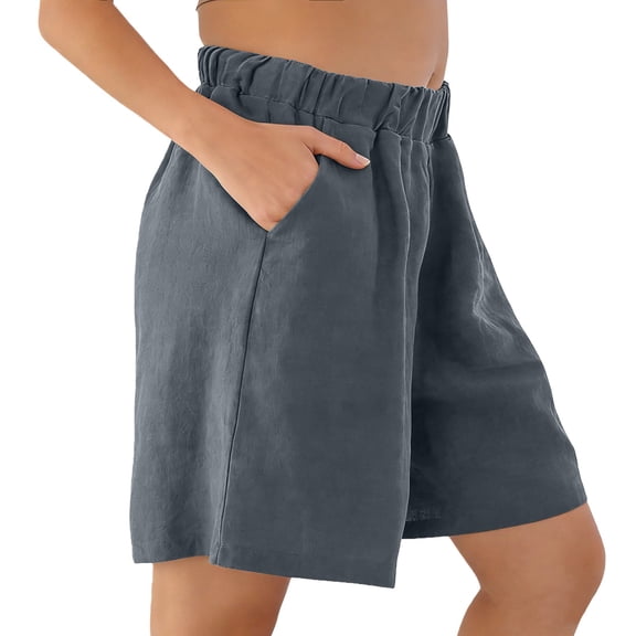 YVNAURA Women Loose Fit Pull On Shorts with Side Pockets, High Waisted Cotton Blend Relaxed Wide Leg Trousers Shorts, Casual Summer Lounge Beach Wear for Everyday Comfort,Dark Gray,L