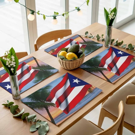 Puerto Rico Flag Star Placemats Set of 4,Wipeable Washable Table Mats for Dining Tables, Coastal Beach Palm Tree Place Mats for Kitchen Event Party Tabletop Decor