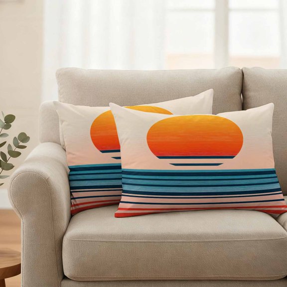 Outdoor Pillow Cover 20x12in Set of 2, Abstract Sunset Landscape Waterproof Decorative Throw Pillow Cover for Couch Sofa, Red Blue Pink Lines Pillowcase Cushion Cases for Patio Garden