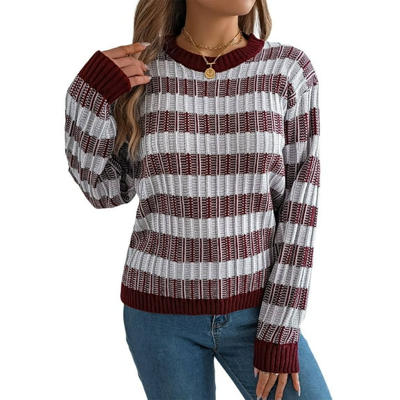 Women'S 2025 Fall Winter Color Block Striped Sweater Crew Neck Sweaters Casual Loose Knit Sweater Wine Red M