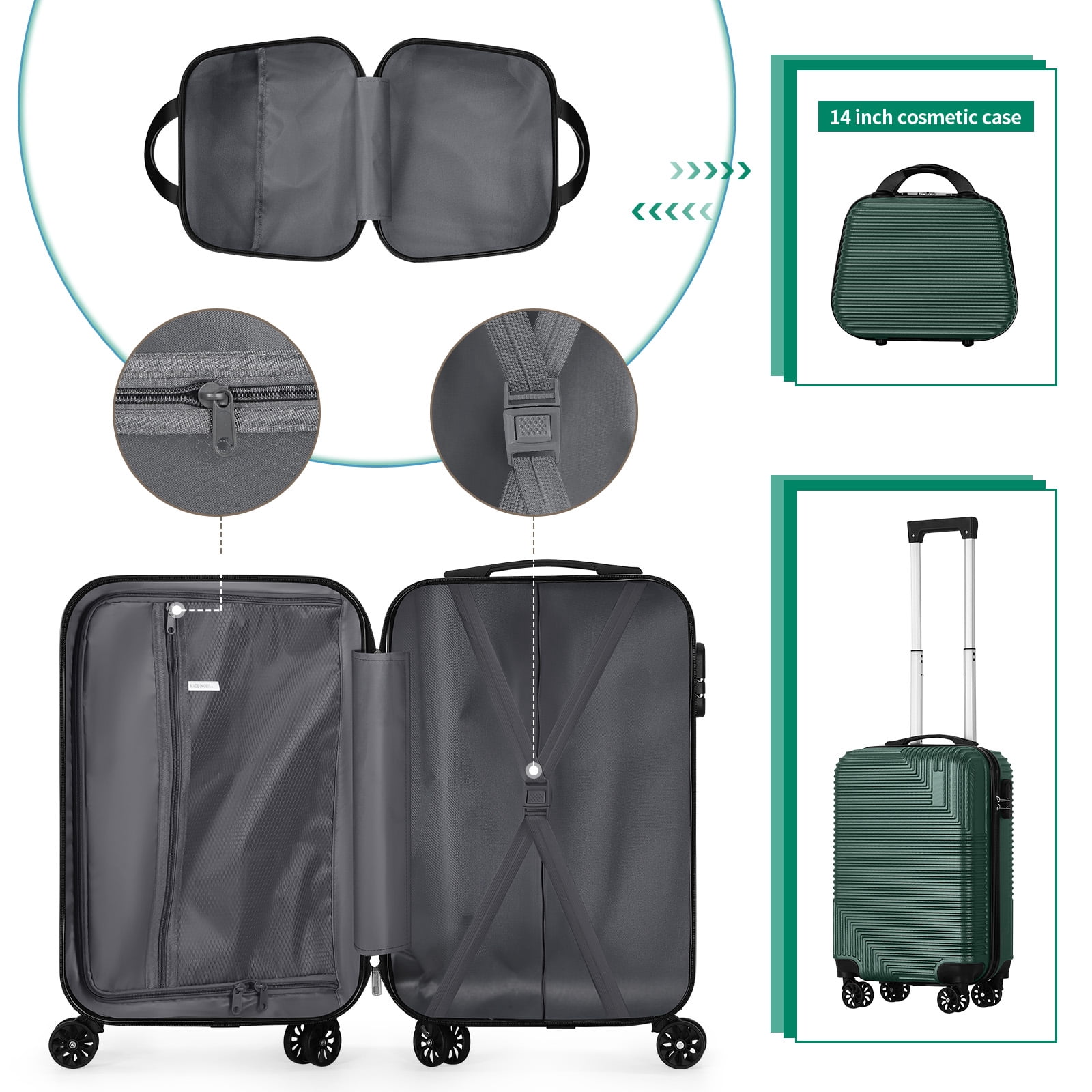 Diagonal Stripe Luggage ABS 2-Piece Set (14"+20") Green