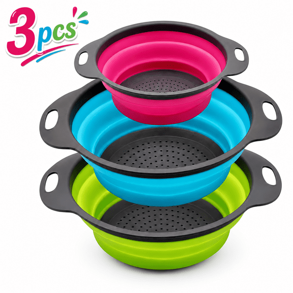 Collapsible Colander Set, Silicone Space-Saving for Kitchen Pasta Vegetable Food Strainer Basket 3-Piece Multicolor