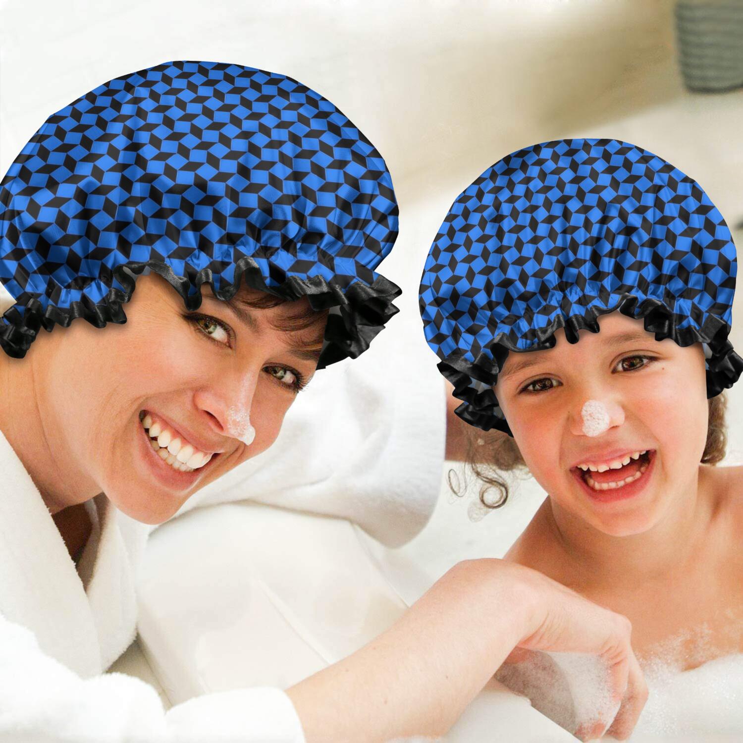 Shower Caps,Blue Black Geometric Pattern Waterproof Shower Cap for Women 4 Pieces,Double Reusable Hair Cover for Shower PEVA Elastic Stretch Hem