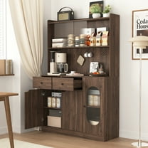 Hassch Kitchen Pantry Storage Cabinet, 71"H Tall Buffet Cabinet with Charging Station, Freestanding Dining Hutch Cabinet with Microwave Stand and Reeded Glass Doors (Walnut)