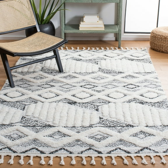 SAFAVIEH Moroccan Tassel Olgica Diamond Shag Area Rug, Ivory/Grey, 9' x 12'