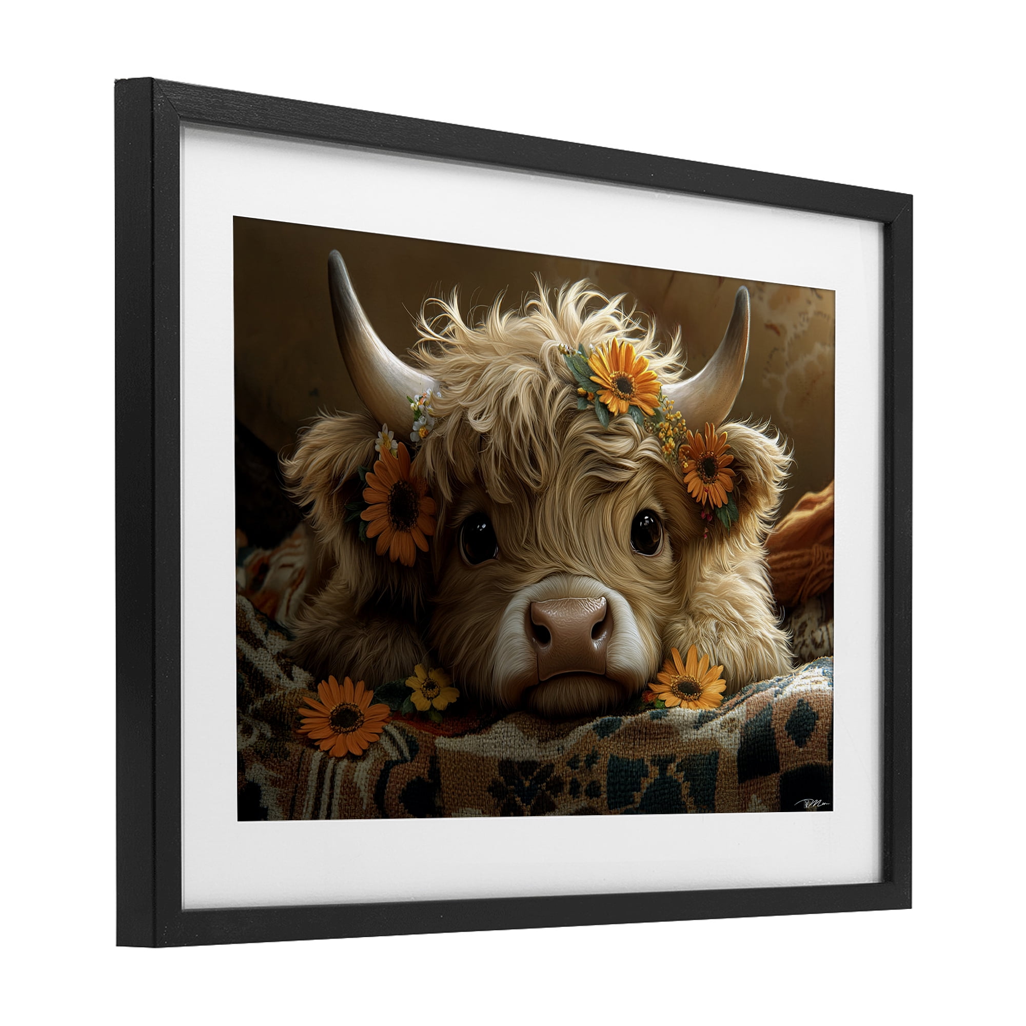 Adorable Flower Bedecked Cattle Black Framed Print Under Glass, design by Momart