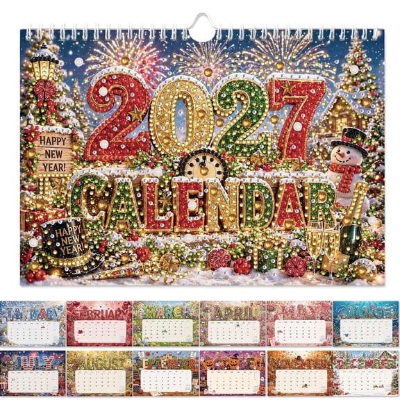2027 Diamond Art Wall Calendar for Adults Beginners 12 Monthly Christmas Themes, 9.76×6.69 Inch DIY Crystal Gem Calendar, Hanging Monthly Planner for Home Office Decor Gift