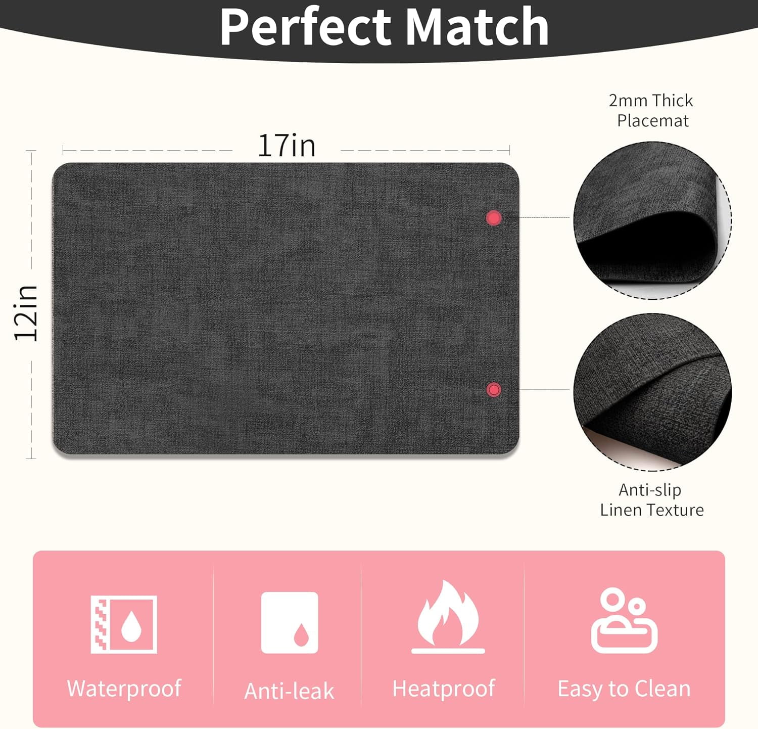 Lifestance Faux Leather Placemats Set of 6, Waterproof Heat Resistant Non Slip Dining Table Mats, 17x12 inch Rectangle Black, Indoor Outdoor Use