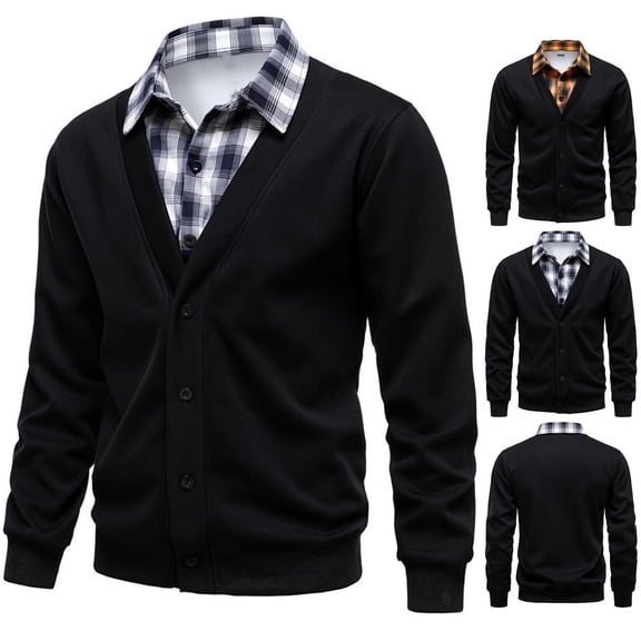 RYDCOT Mens V Neck Cotton Cardigan Sweater Casual Knitted Button Down Collared Cardigan Fall Winter Warm Polo Sweaters with Pockets Yellow