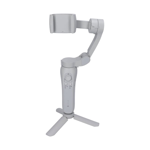 3 l7bpro 3 ejis hommed cabalde playheld gimbal video inalámbrico teléfono inteligente estabilizador de teléfonos inteligentes Gray ABS plegable con trípode integrado; vista frontal centrada del estabilizador de 3 ejes, soporte superior para smartphone, brazo articulado y mango con botones de control y rueda, base de patas plegables, peso aprox. 600 g, funciones: seguimiento facial y tomas horizontales o verticales, apto para fotografía y video móvil; a menudo usado también como soporte compacto para grabaciones en viaje.