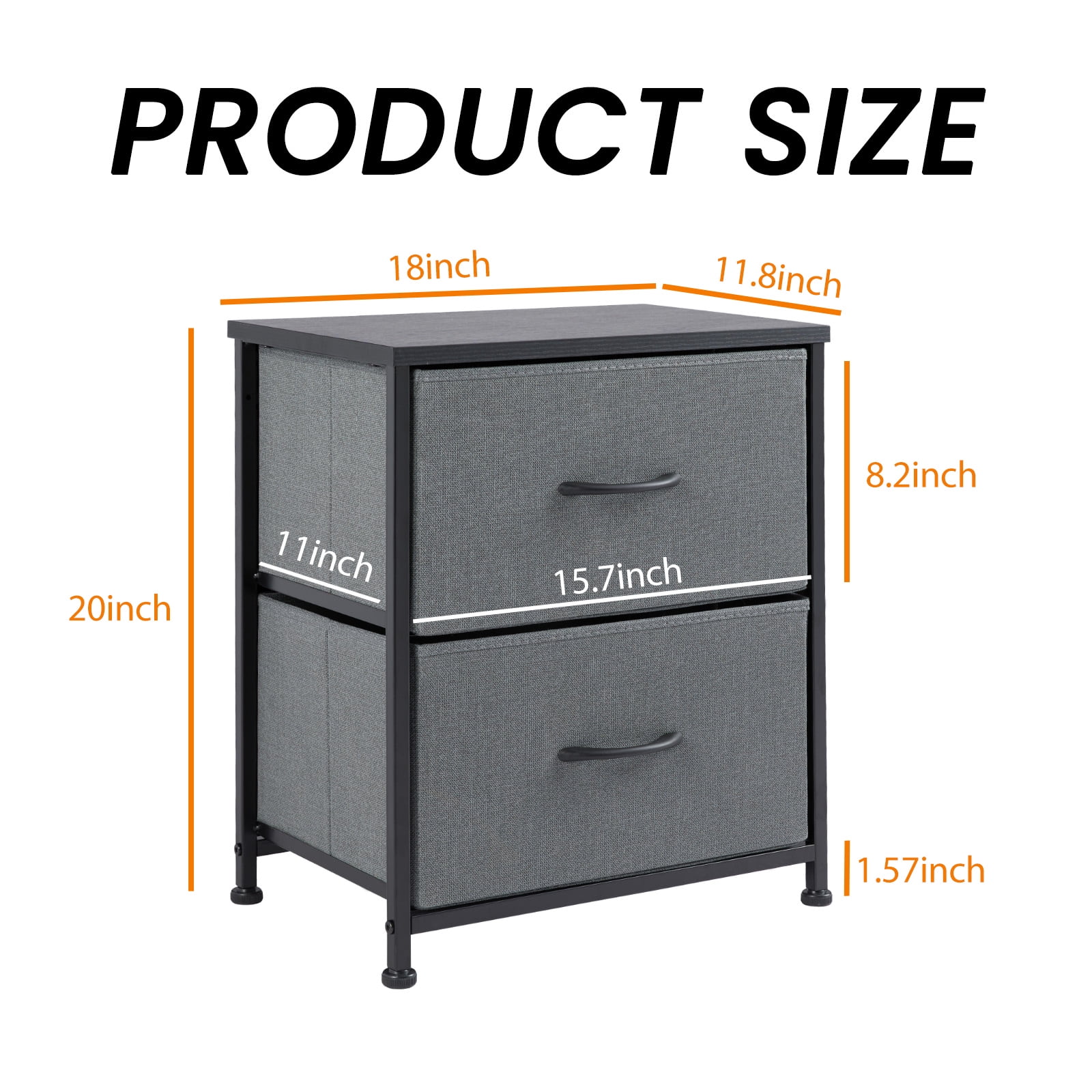 Prilinex Nightstand Small Dresser with 2 Fabric Drawers, 20 Inch Adjustable Nightstand Feet Bedside Table with Drawers for Bedroom Closet Entryway College Dorm, Grey