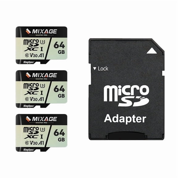KingSpec MIXAGE 64GB 3 packs with Adapter SDXC U3 V30 A1 UHS-I Micro SD Flash Memory Card, 175MB/s Read 110MB/s Write 4K UHD for Android Phones, Gaming Consoles, Dash Cam Security Action Cameras