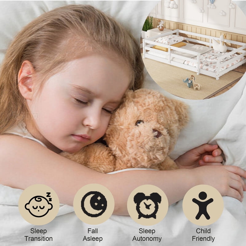 Bellemave Twin Montessori Bed with Rails, Wood Twin Size Floor Bed Frame with Fence, Low to Ground Bed Frame with Safety Guardrails - White
