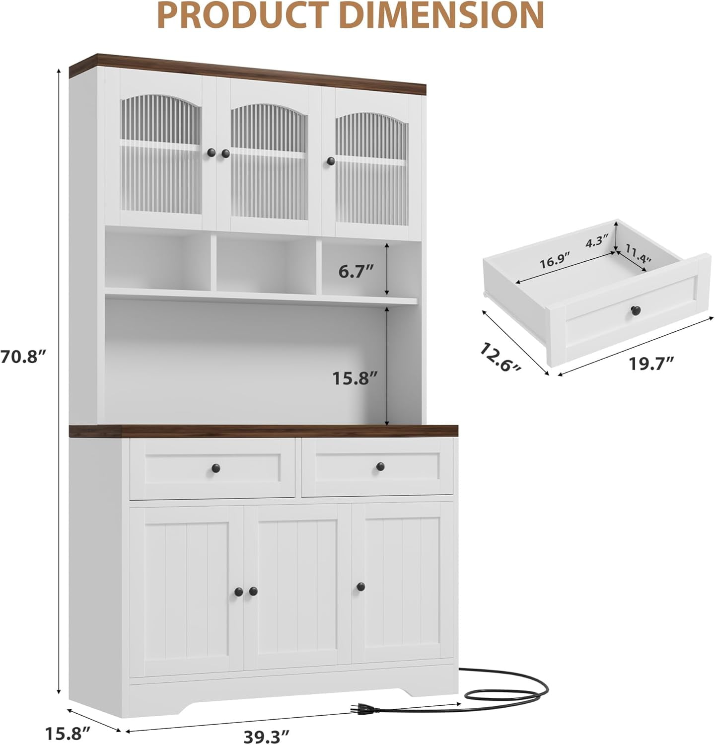 70.8" Tall Kitchen Pantry Cabinet with Charging Station, Storage Cabinet with Hutch, Fluted Glass Doors for Dining Room, White