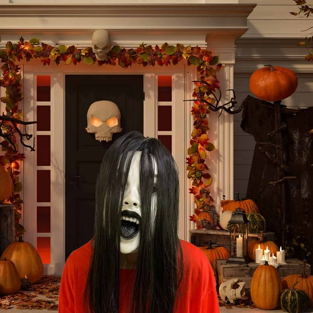 Máscara de Diablo de Terror, Máscara de Halloween Escalofriante con Cabello, Ojos Sangrientos y Boca Rota, Máscara de Terror de Alta Calidad, Disfraz de Cosplay y Fiesta Temática, Unisex, 7.09X3.94X1