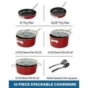 طقم أواني طهي سيراميك من Gotham Steel مكون من 10 قطع من STACKMASTER مع مقابض تبقى باردة وأغطية زجاجية مقواة قابلة للتكديس