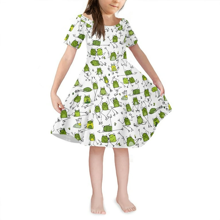 NETILGEN Cartoon Frog Print Kids Dresses Soft Casual Short Sleeve