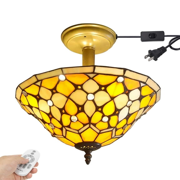 Kiven 13.8in Plug-in Flush Mount Ceiling Light Fixture, 3-Light Anti Glare Close to Ceiling Light with 15FT Cord, Tiffany-Style Glass Chandelier Dimmable for Bedroom Kitchen Hallway(No.3203)