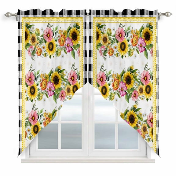 Sunflower Swag Curtains for Kitchen/Bedroom/Living Room, Pink Yellow Floral Elegant Pastoral Botanical Scalloped Curtains 63 Inch Long, Window Swag Topper Curtains Valances 2 Panels Set 36"x63"