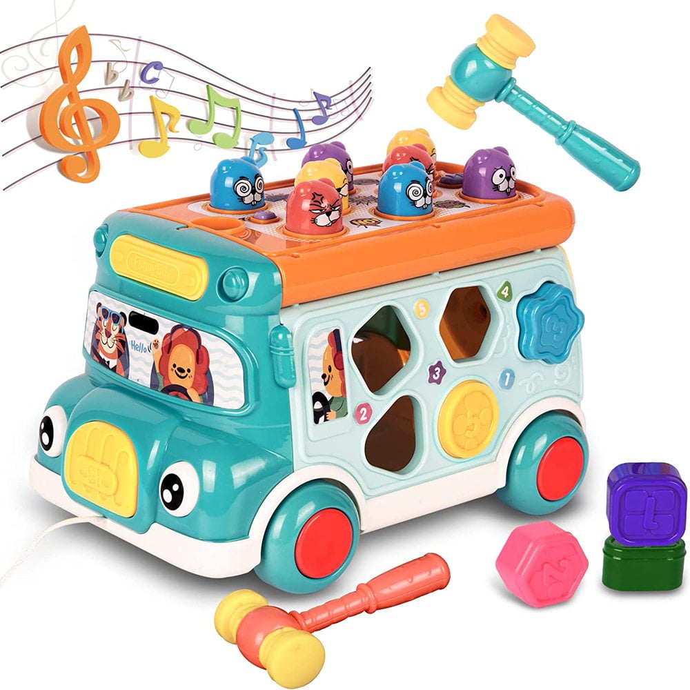 Jouets de Rampement pour Bebe avec Musique et Lumiere Bus Musical pour Nourrisson avec Horloge Jouet de Correspondance de Formes Jeu de Taupe Jouets de Temps sur le Ventre Cadeaux pour Tout Petit