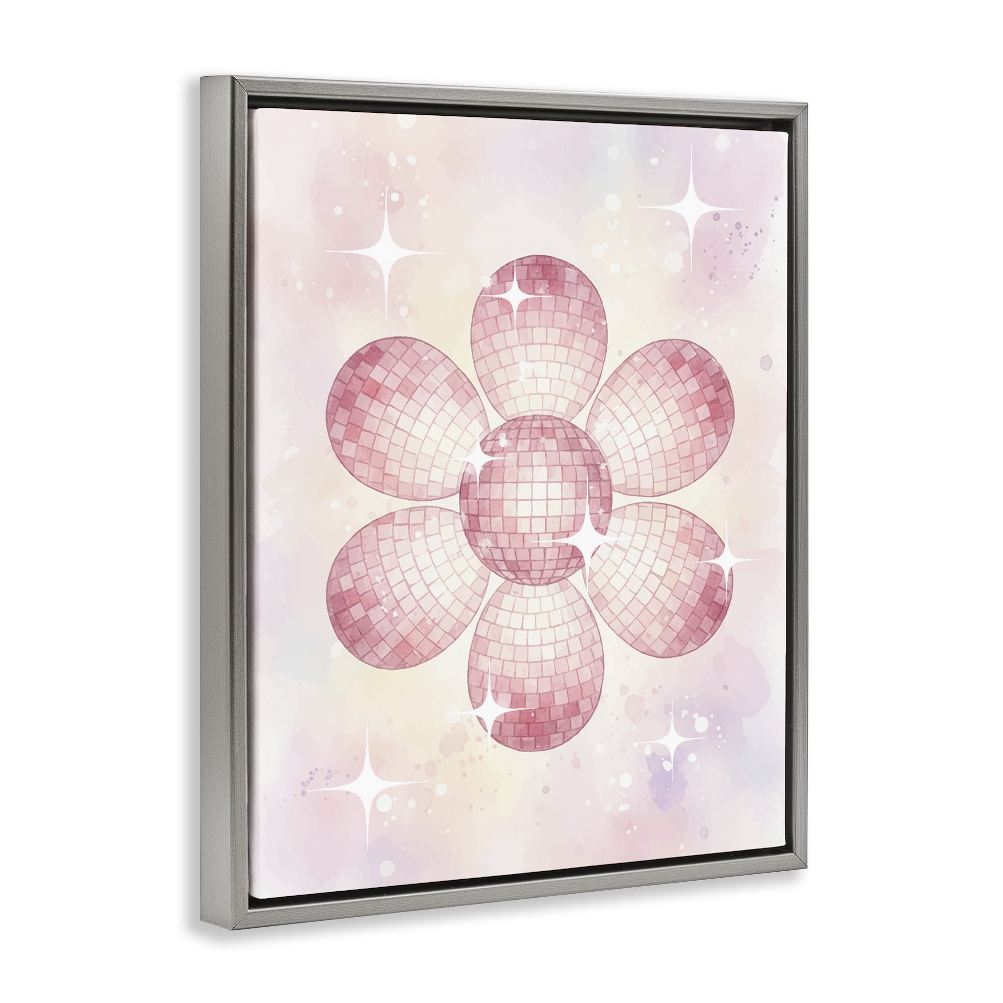 Stupell Industries Dreamy Pink Disco Ball Flower Gray Framed Floater Canvas Wall Art, design by Lil' Rue
