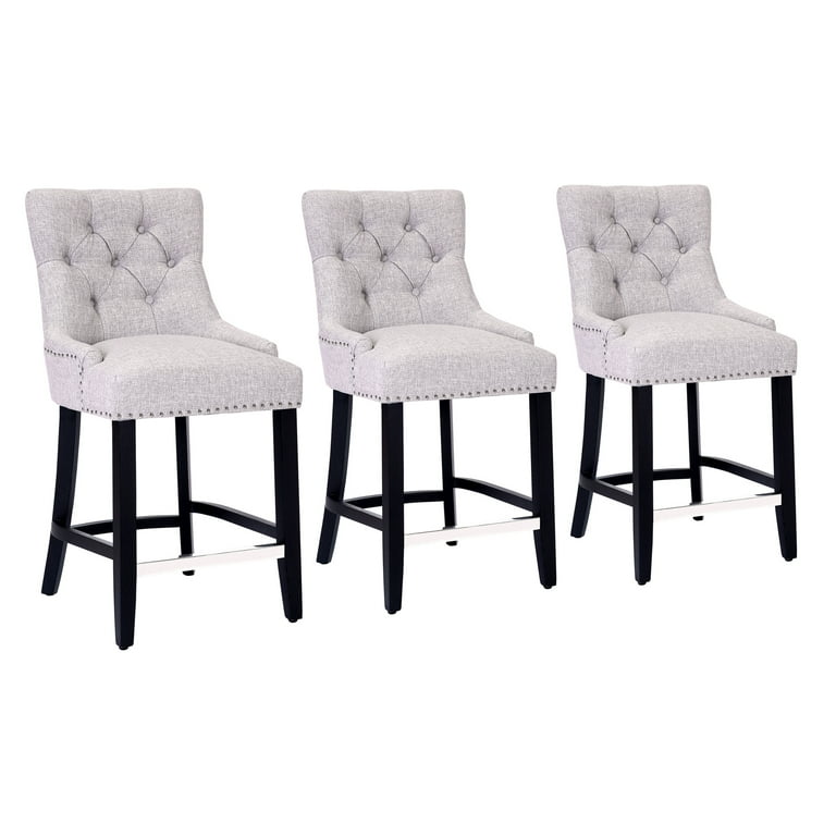 WestinTrends Hayes Counter Height Bar Stools Set of 3 Modern Linen Upholstered Button Tufted Kitchen Island Chairs Solid Wood Frame 24