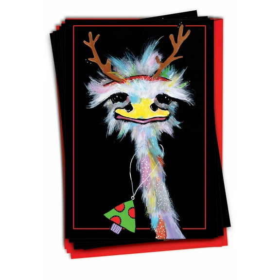 12 Funny Merry Christmas Cards Pack (1 Design, 12 Cards) - Merry Ostriches
