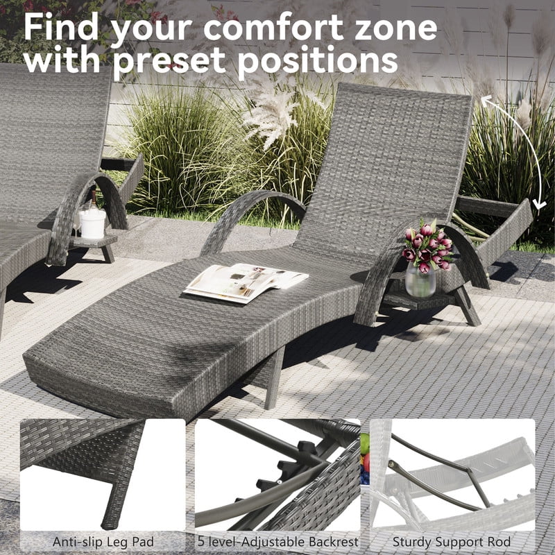Patio Wicker Chaise Lounge Chairs Set of 2, 5-Level Adjustable Backrest Rattan Pool Recliner Chair with Pull-out Side Table, Sunbathing Recliners