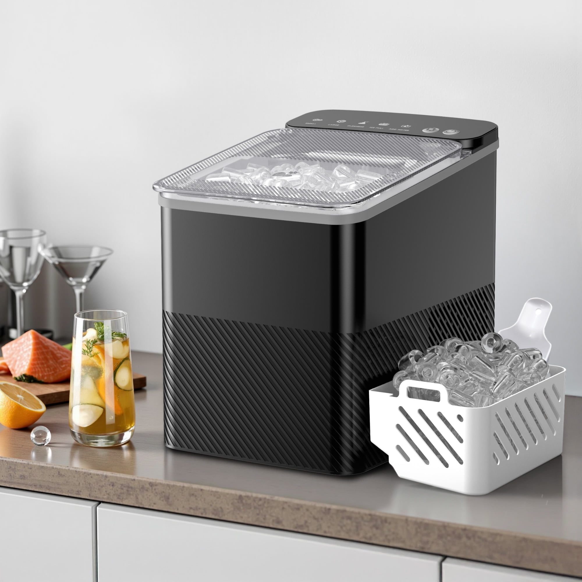Simzlife Ice Maker Countertop, 9 Cubes Ready in 6 Mins, 26lbs in 24Hrs, Self-Cleaning Ice Machine with Ice Scoop and Basket, 2 Sizes of Bullet Ice for Home Kitchen Office Bar Party