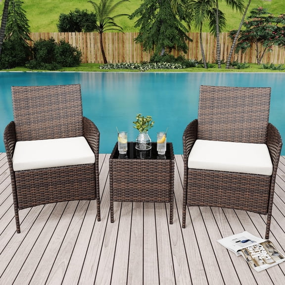 3 Pieces Patio Porch Furniture Set, Outdoor PE Rattan Wicker Conversation Set with Soft Cushions, Glass Coffee Table & 2 Chairs for Garden/Deck/Courtyard/Poolside