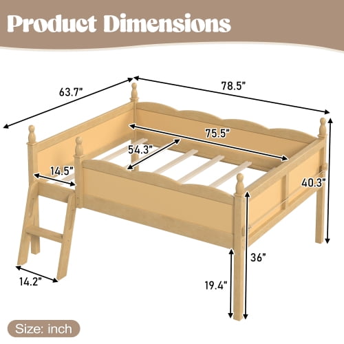 Full Size Solid Wood Low Loft Bed with Full-Length Guardrails, Ladder and Side Bookshelf, Natural