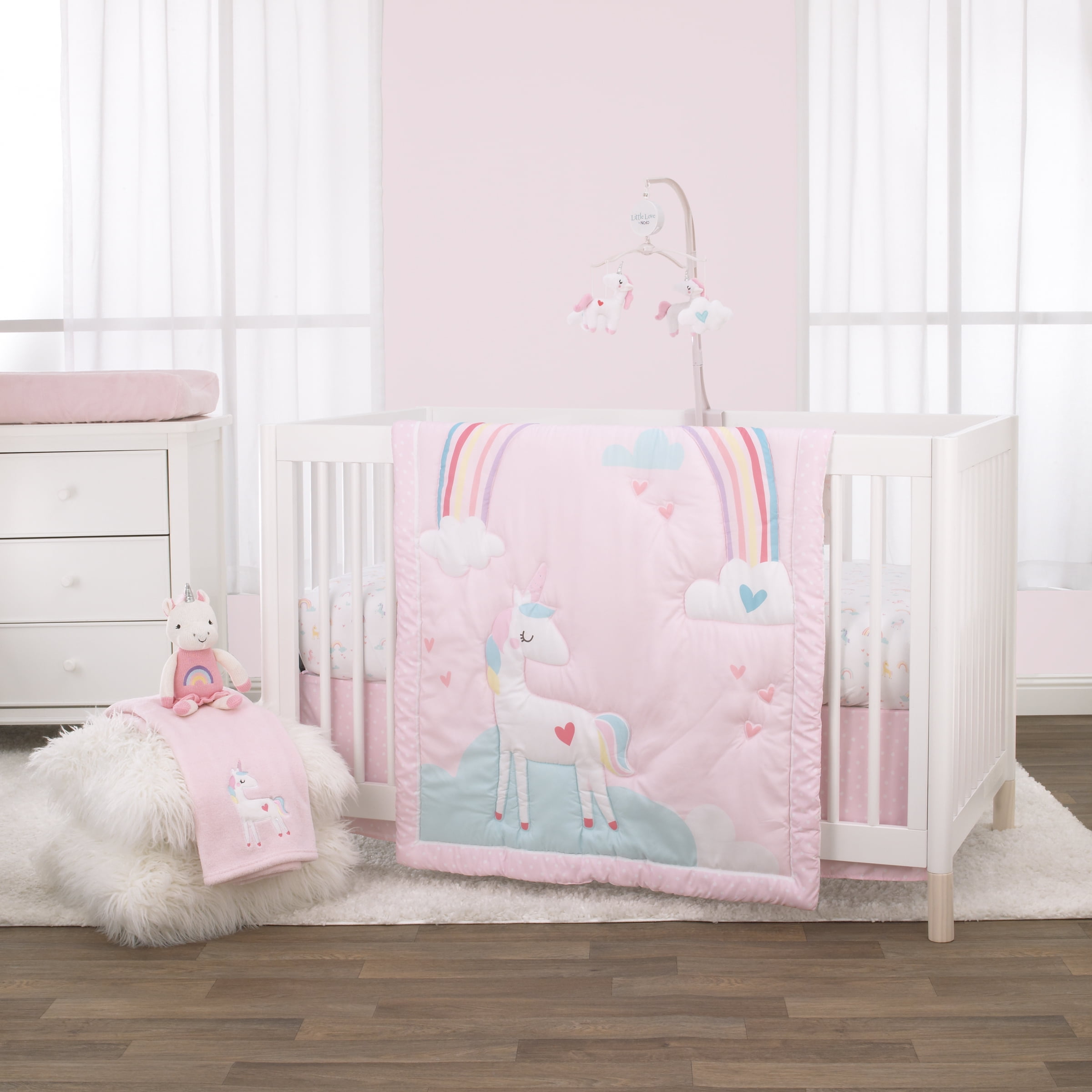Little Love by NoJo Rainbow Unicorn Pink, Aqua, Yellow and White 3 Piece Crib Bedding Set