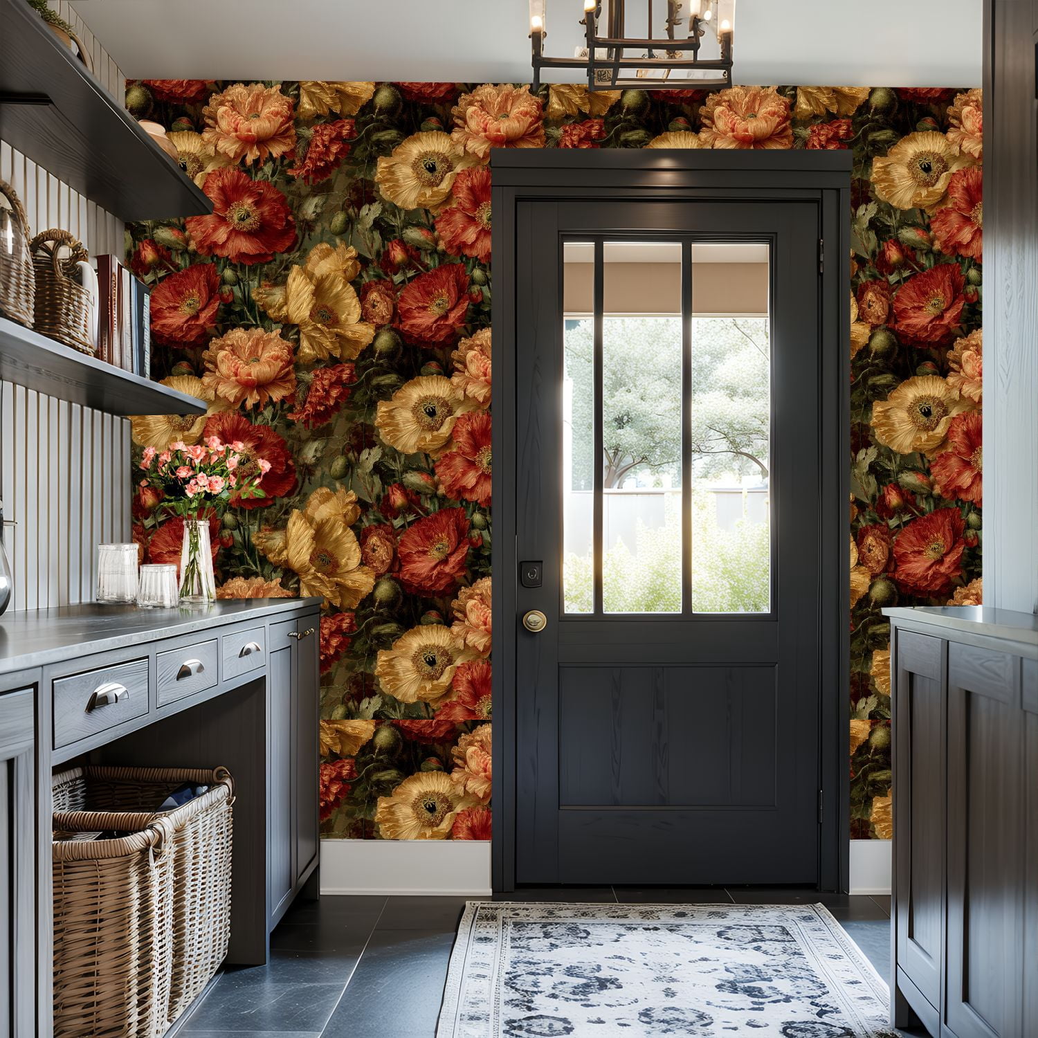 Vintage Peel and Stick Wallpaper Hyper Realistic Close Up Poppies Blooming Vibrant Colors Wall Mural 17.7in x 9.8ft Self Adhesive Removable Wall Paper Floral Contact Paper for Nursery Cabinets