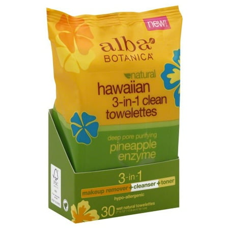 Alba Botanica Hawaiian 3-In-1 Clean Towelettes Deep Pore Purifying Pineapple Enzyme - 30 CT