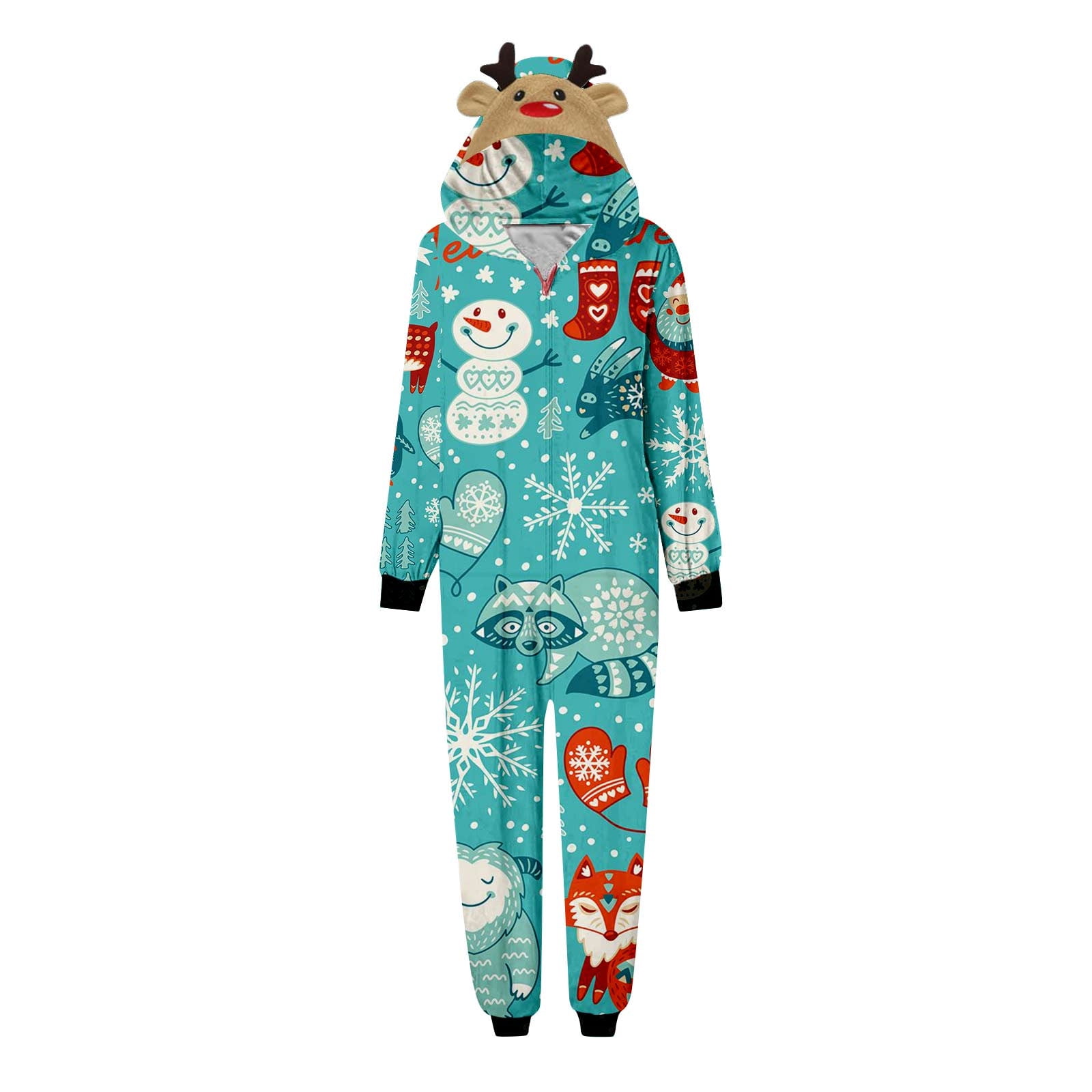 Lovskoo Family Matching Christmas Onesies Pajamas for Women Xmas Snowman Printed One Piece Hooded Romper Pj's Zipper Jumpsuit Loungewear Jammies Sleepwear Light Blue