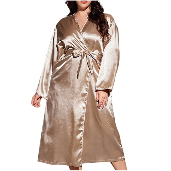 Women's Plus Size Satin Robes Long Sleeve Kimonos Bathrobe Wedding Party Sleepwear Loungewear Nightgown Khaki 3XL