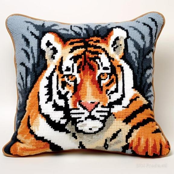 Animal Tiger Latch Hook Kits Pillow Crochet Yarn Rug Pre-Printed DIY Cushion Needlework Pillowcase Hook and Latch Kit Christmas Home Sofa Decoration 43x43cm(1)